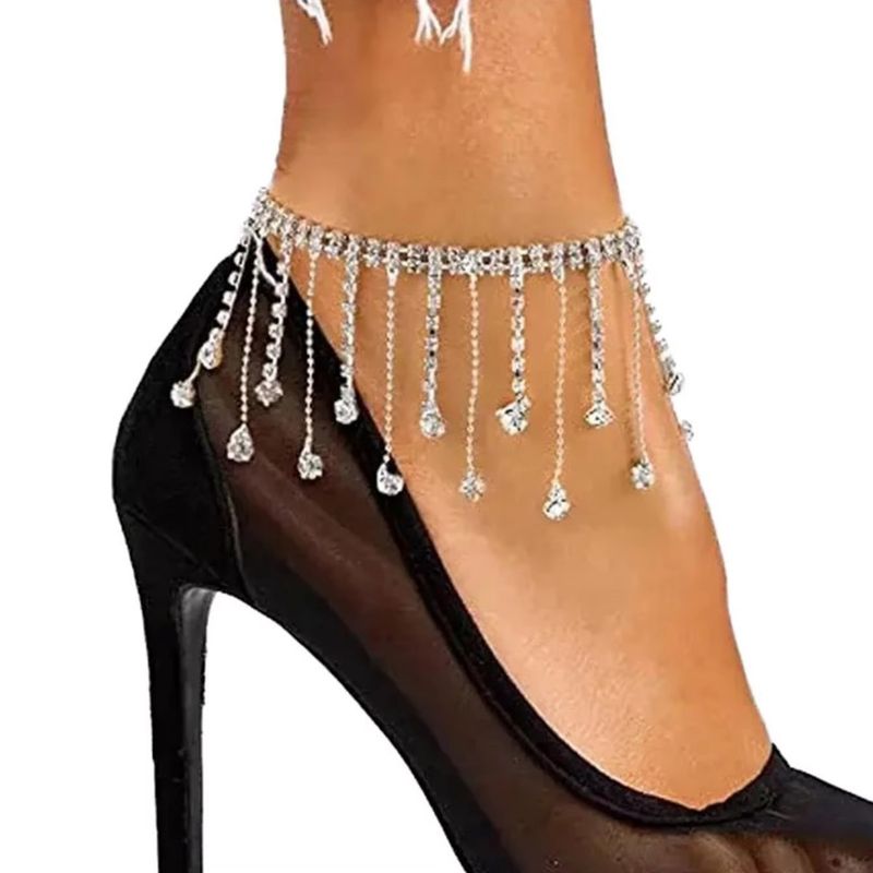 retro personality hot selling rhinestone tassel anklet ladies summer beach simple fashion double layer pendant anklet_voghion.com