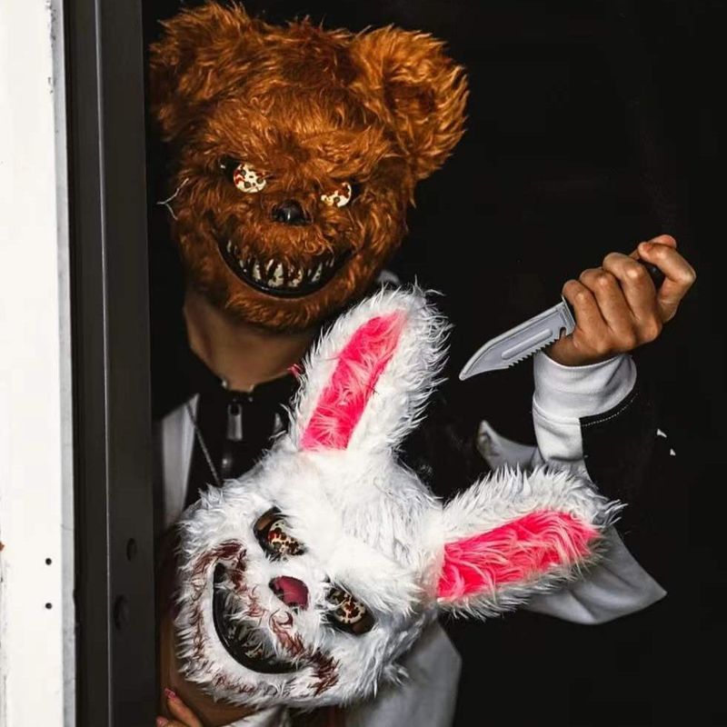 Máscara de coelho sangrento de LED, máscara de urso preto assassino brilhante, fantasia de festa de dança de Halloween, adereços de cosplay, máscara de coelho de pelúcia assassinado_voghion.com