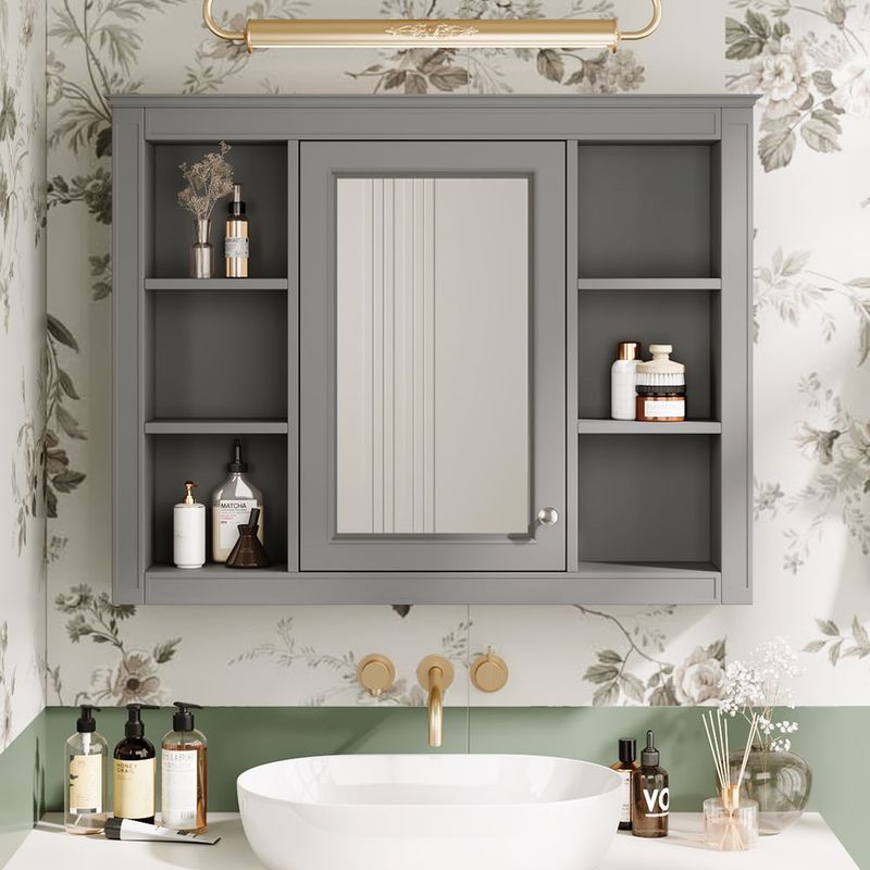 35'' X 27.5'' Medicine Cabinet, Wall Mounted Bathroom Storage Cabinet, Modern Bathroom Wall Cabinet With Mirror, Mirror Cabinet With 6 Open Shelves_voghion.com