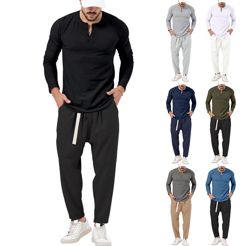 Men's solid color casual long-sleeved Henry T-shirt pantsuit_voghion.com