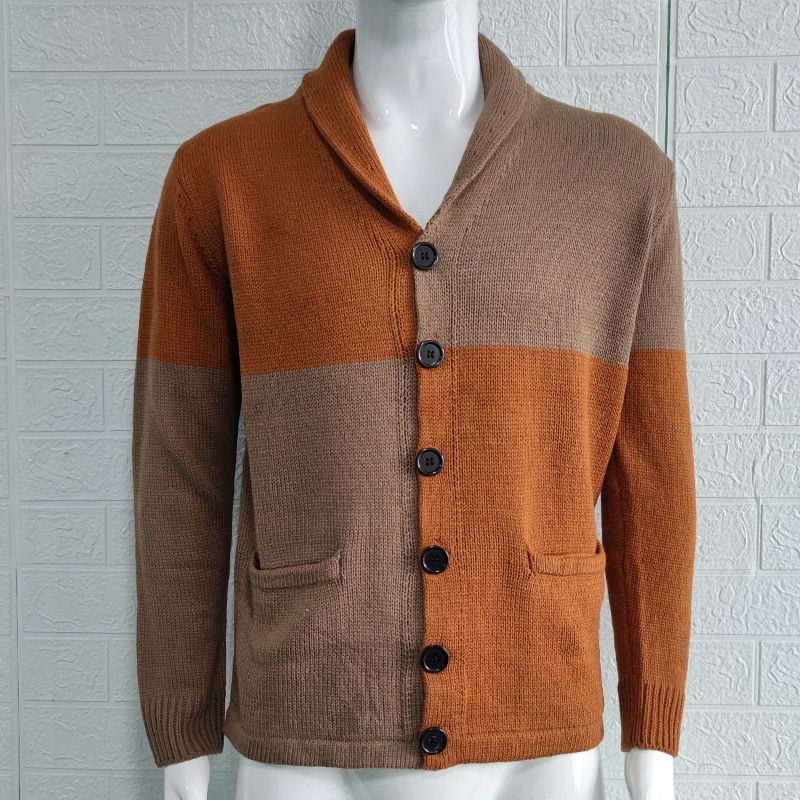 Autumn and Winter Men's Stand up Collar Loose Color blocked Knitted Cardigan Large Fashion Casual Sweater_voghion.com