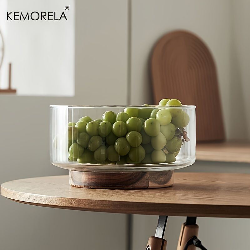 Glass Fruit Bowl Creative Large Salad Bowl Wood Base Snacks Popcorn Nuts Storage Bowls Home Christmas Snack Storage Container_voghion.com