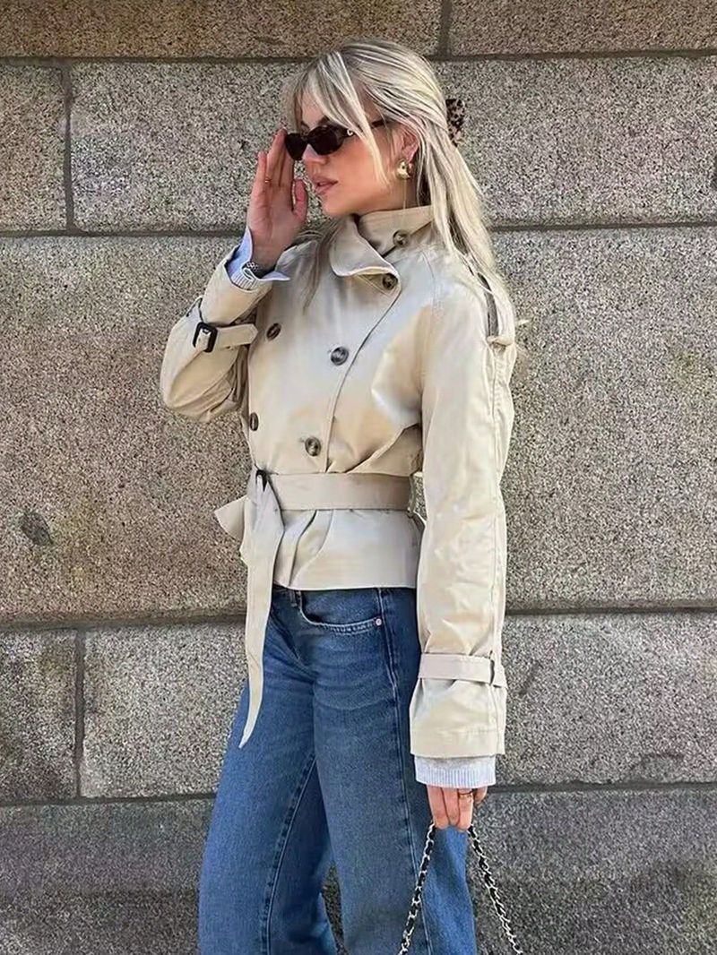 Trench con cintura da donna – Giacca a vento corta color cachi (S-L) Abbigliamento da donna_voghion.com