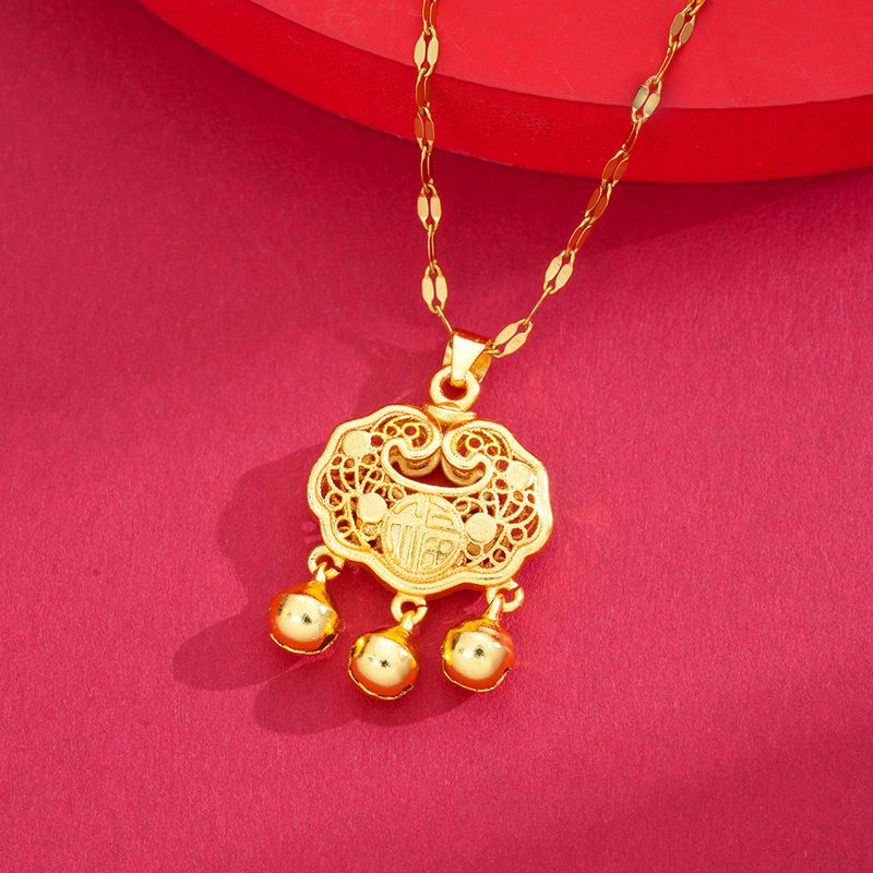 Collana in oro placcato piccolo lingotto ruyi ciondolo lucchetto della pace nuovo stile cinese stile nazionale lucchetto della longevità gioielli accessori_voghion.com