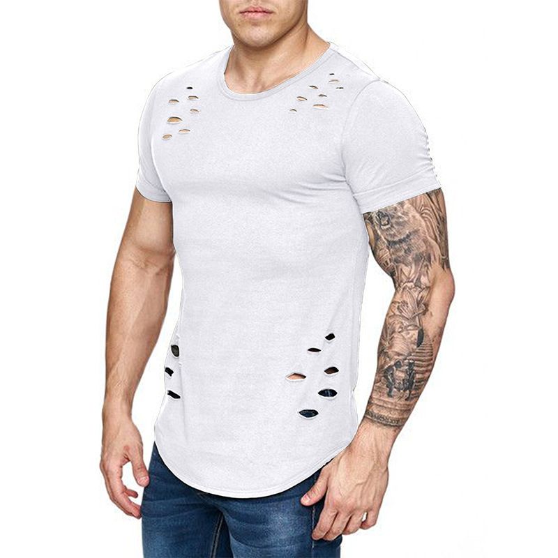 Herrenbekleidung Top Herren Slim Solid Color T-Shirt mit Rundhalsausschnitt, zerrissenes Kurzarm-T-Shirt für Herren_voghion.com