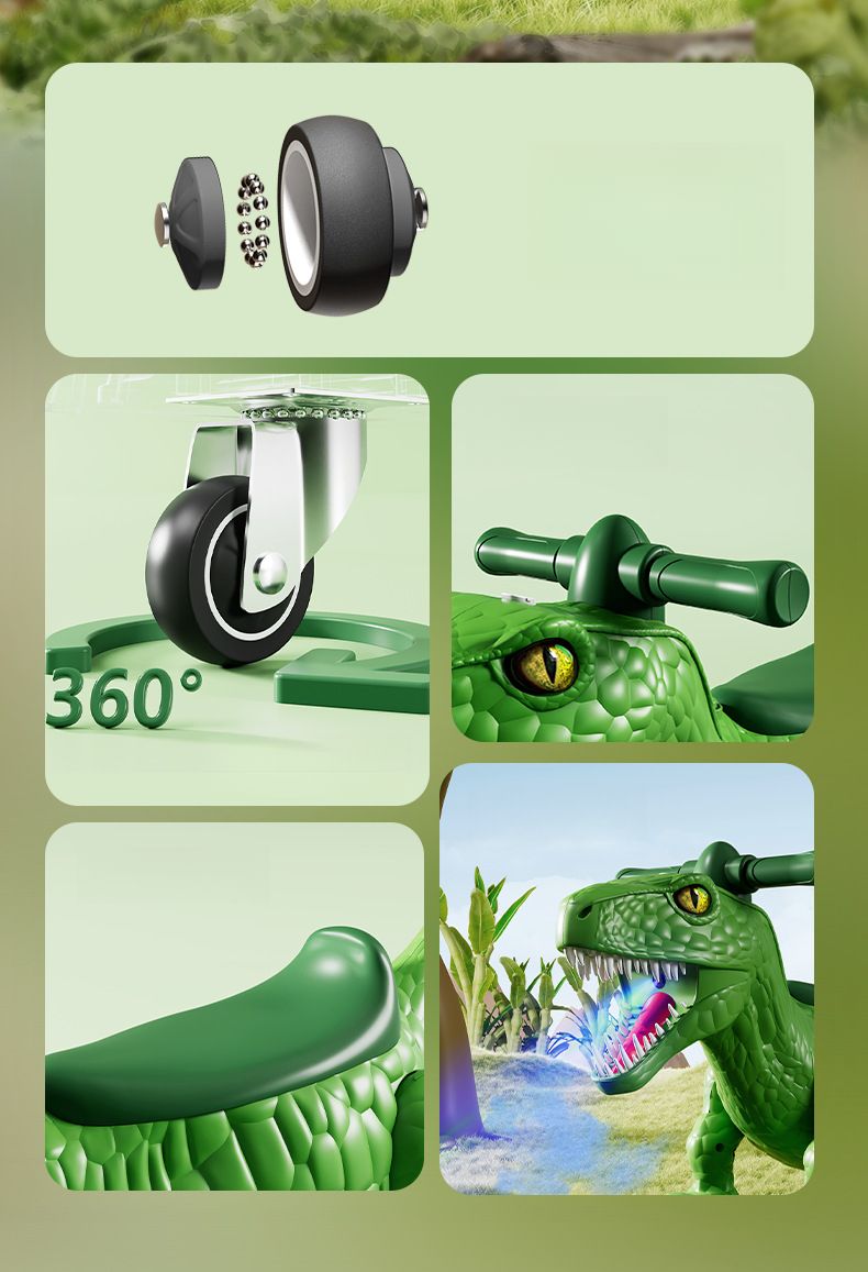 Dinosauro giocattolo per bambini, cavalcabile, con spray, luci, musica, ruote silenziose universali, macchinina a forma di arachidi._voghion.com