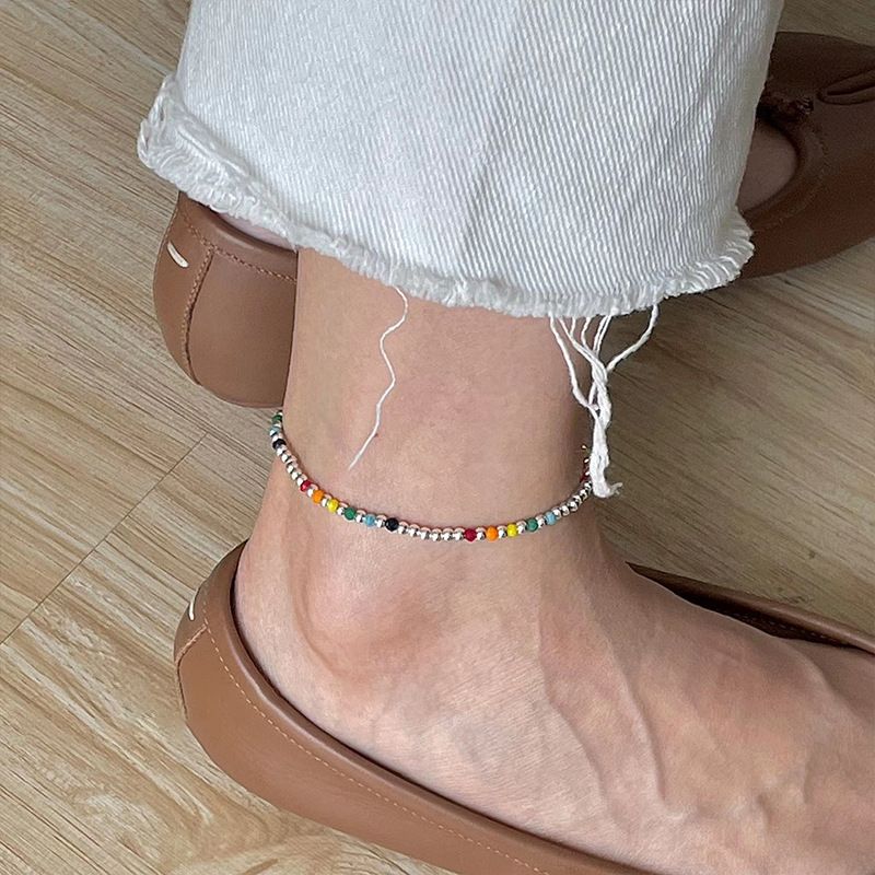 Koreaanse stijl puur zilveren handgemaakte kralen elastische regenboog touw voor meisjes high-end ins frisse schattige enkelband_voghion.com
