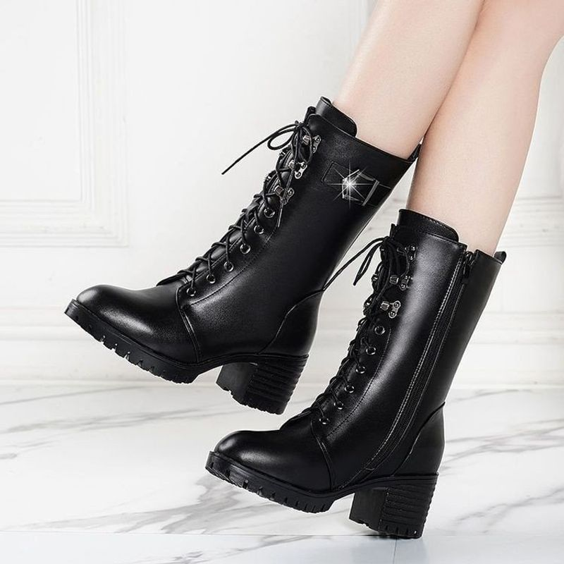 Frauen schuhe winter neue pu mid-ferse ferse plus fleece dicke frauen leder Mode Ritter mid-kalb Lange stiefel_voghion.com