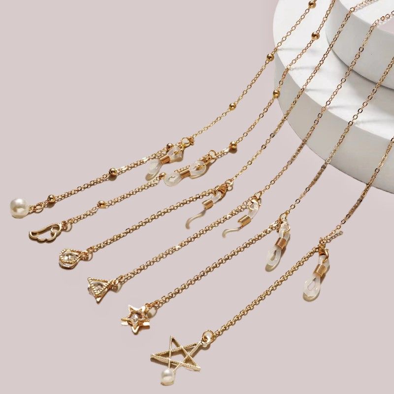 Correa con colgante de pentagrama de perla para el cuello, cadena de metal, cordón para mascarilla, cuerda para gafas_voghion.com
