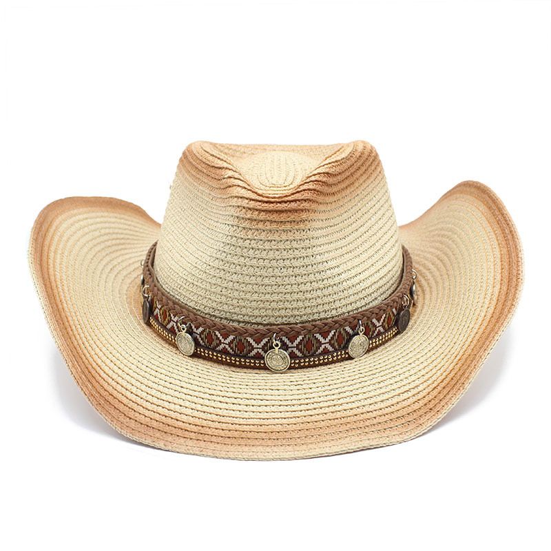 New Woven Straw Western Denim Drawstring Adjustable Knight Seaside Sunscreen Sun Hat_voghion.com