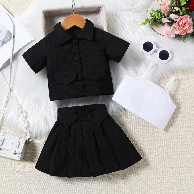 Παιδικό καλοκαιρινό γιλέκο με τιράντες, πολύχρωμο πέτο, μονόπετο μπουφάν με μανίκια, πλισέ κοντή φούστα, σετ για κορίτσια_voghion.com