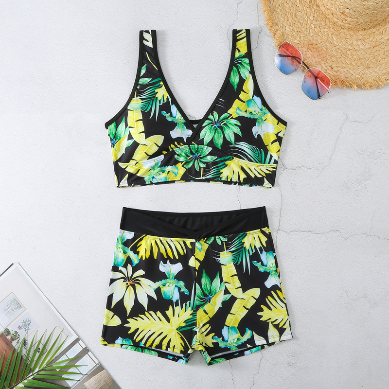2024 New Printed Skirt Conservative Women's Split High Waist Tankini Swimsuit_voghion.com