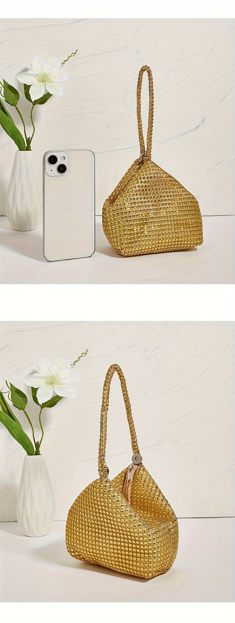 Mini glitter- och strass-kutsch, elegant glittrig kuvertväska, modeväska och handledsväska för dam till karnevalsbröllop_voghion.com