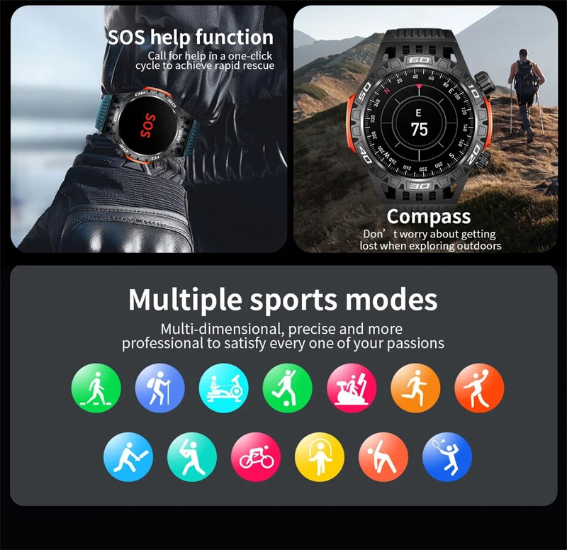 GPS-Tracking-Kompass AMOLED-Bildschirm Smart IP68 wasserdicht Outdoor Sports Fiess Uhr Bluetooth Call Männer_voghion.com
