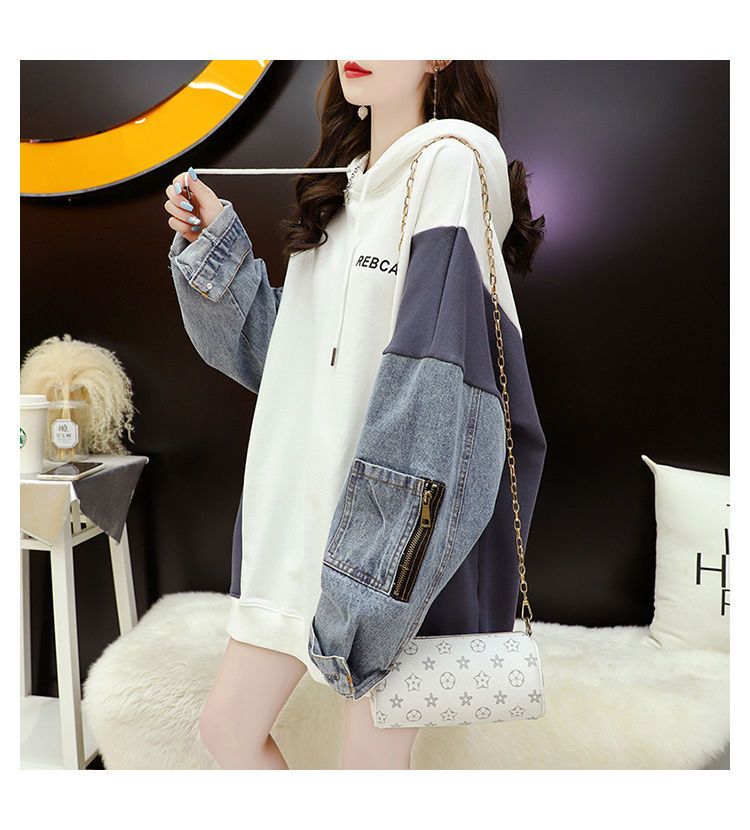 Damenbekleidung Übergroßer Denim-Patchwork-Hoodie – Gefälschter zweiteiliger Pullover im koreanischen Stil_voghion.com