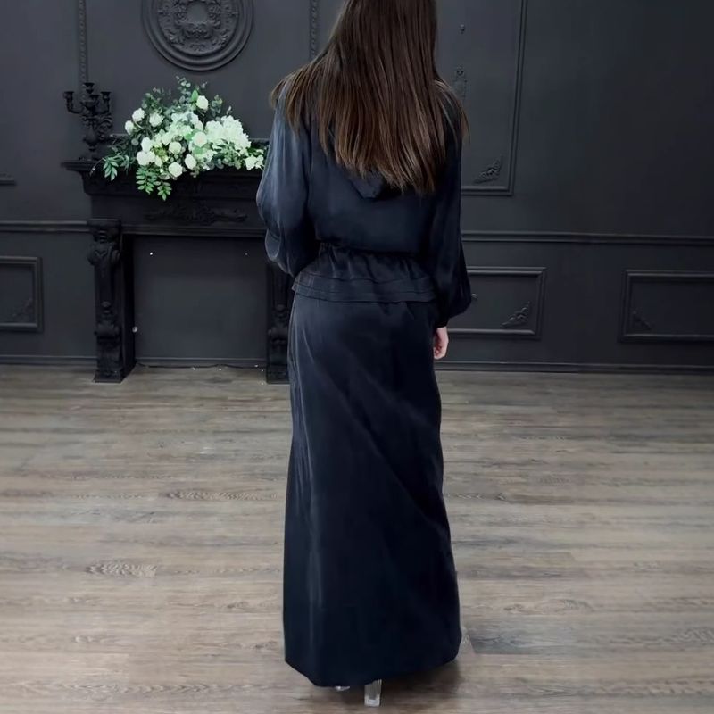 Women's Elegant Sleeveless Dress With Lantern Sleeve Belted Coat 2-Piece Set - Flowy Long Dress & Stylish Outerwear For Fall_voghion.com