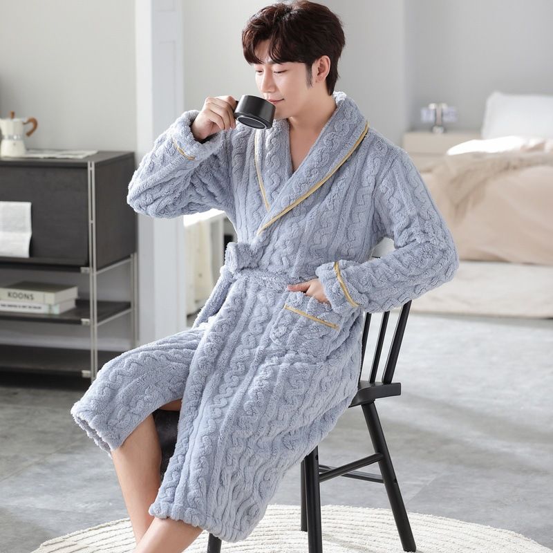 Camicia da notte in flanella da uomo, pigiama lungo in pile di corallo termico spesso, accappatoio taglie forti, abbigliamento da casa_voghion.com