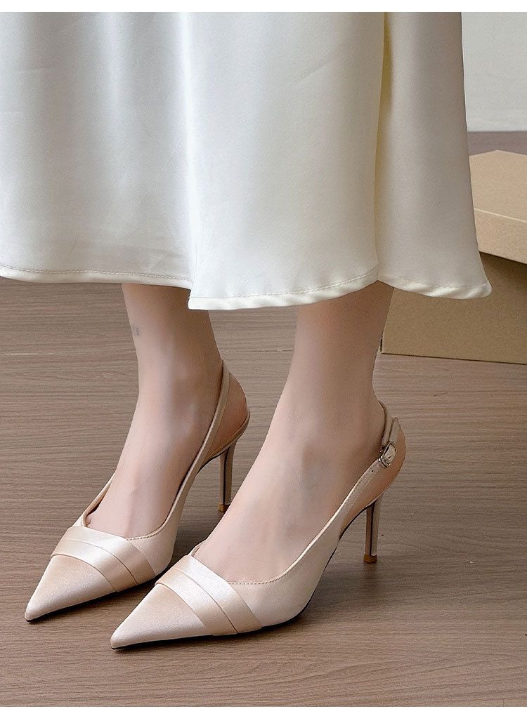 Sandalias Baotou de tacón fino para mujer, punta puntiaguda, estilo francés, satén, albaricoque, hebilla de una palabra con sandalias versátiles para mujer_voghion.com