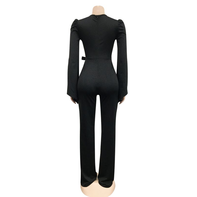 Dametøj nyt produkt ensfarvet sexet dyb V-rem plisseret brede ærmer lange bukser jumpsuit til kvinder_voghion.com