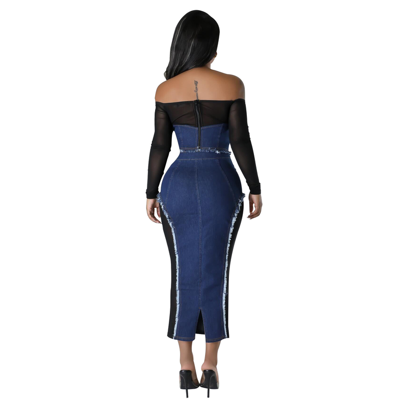 Conjunto de dos piezas de falda de pecho transparente con costura vaquera de gasa a la moda para mujer_voghion.com