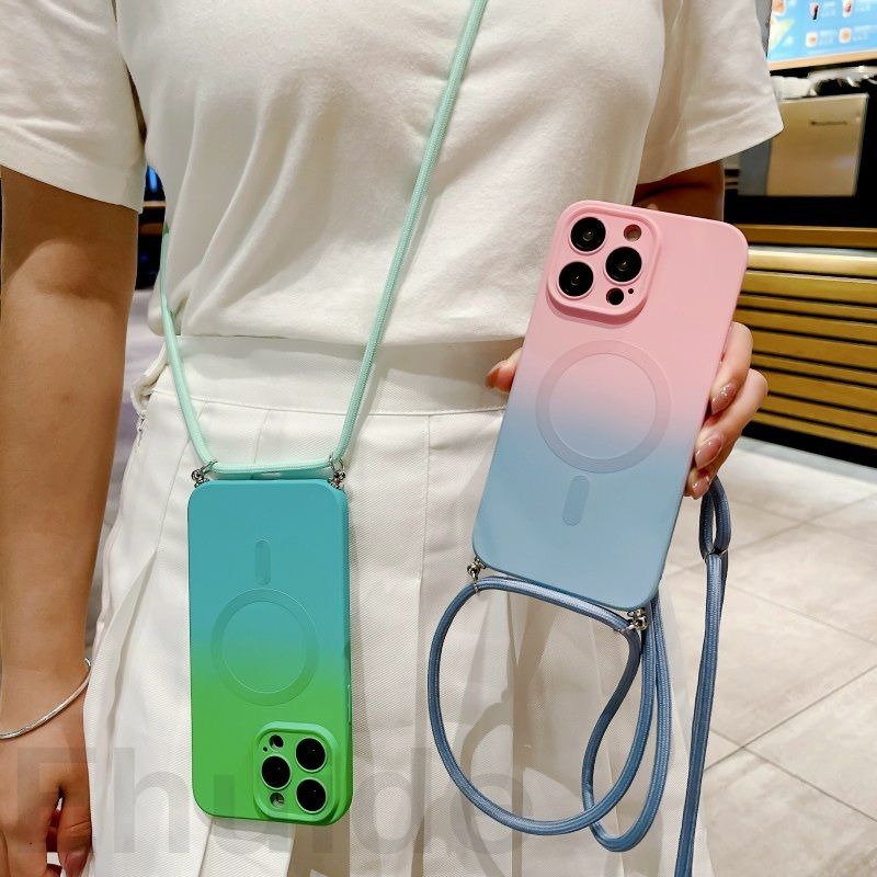 Magnetic Case For iPhone 14 11 12 13 15 Pro Max Plus Magsafe Shockproof Gradient Camera Protect Crossbody Lanyard Strap_voghion.com