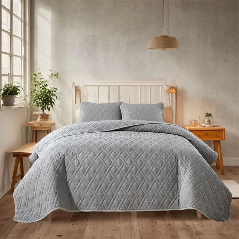 Gestepptes Tagesdeckenset in Leinenoptik – 3-teilig (mit genähtem Gittermuster, Füllung aus Baumwolle, inklusive passender Kissenbezüge, Queen-Size, knitterfrei)_voghion.com