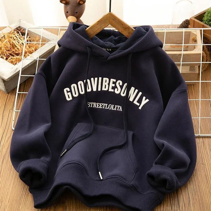 Felpa con cappuccio spessa foderata in pile, vestibilità ampia, versatile, per studenti, autunno e inverno, per uomini e donne_voghion.com