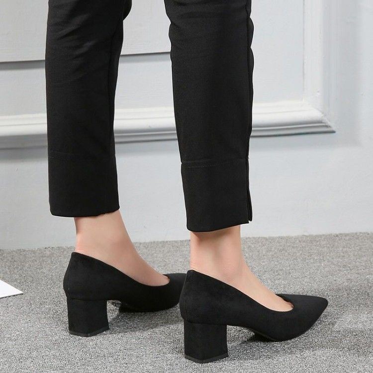 Stewardess Work High Heels Black Chunky Suede Professional Long Standing Not Tired Mid Heel Formal Office Single Shoes_voghion.com