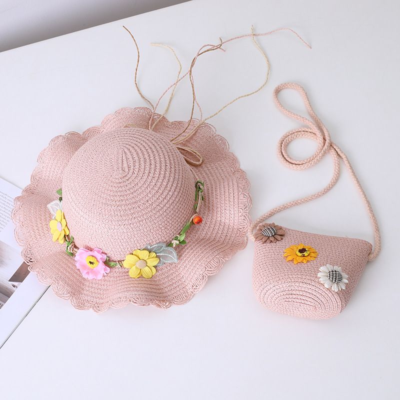 Børne stråpiges blomst, sommer åndbar bølgekant, skyggehat, beskyttelse af forældre-barn strand solhat taske_voghion.com