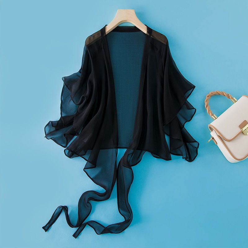 Koreanischer Stil: Neuer kurzer Mantel/Schal, Damen-Top/Cardigan, klein, zum Binden, Sommer, ärmellos, locker, aus echter Maulbeerseide_voghion.com