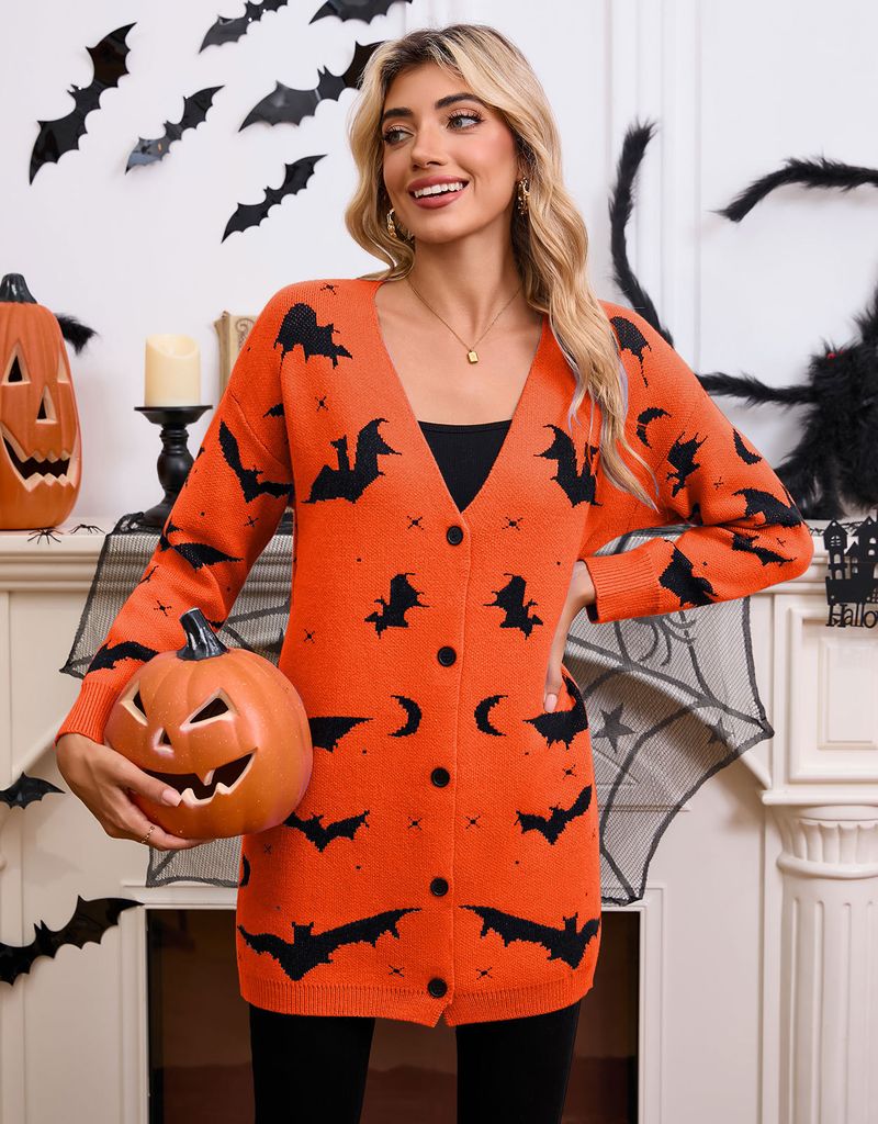 Casaco espanador jacquard Cyber Bat Cyber Bat Halloween 2025, cardigã grande de manga comprida com certificação OEKO-TEX® Classe II | Europeu_voghion.com