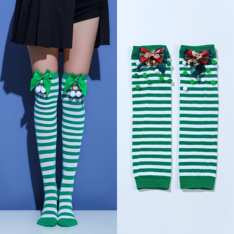 Guanti invernali con maniche a righe, alti fino al ginocchio, lunghi, con fiocco e pompon, calzini di Natale_voghion.com