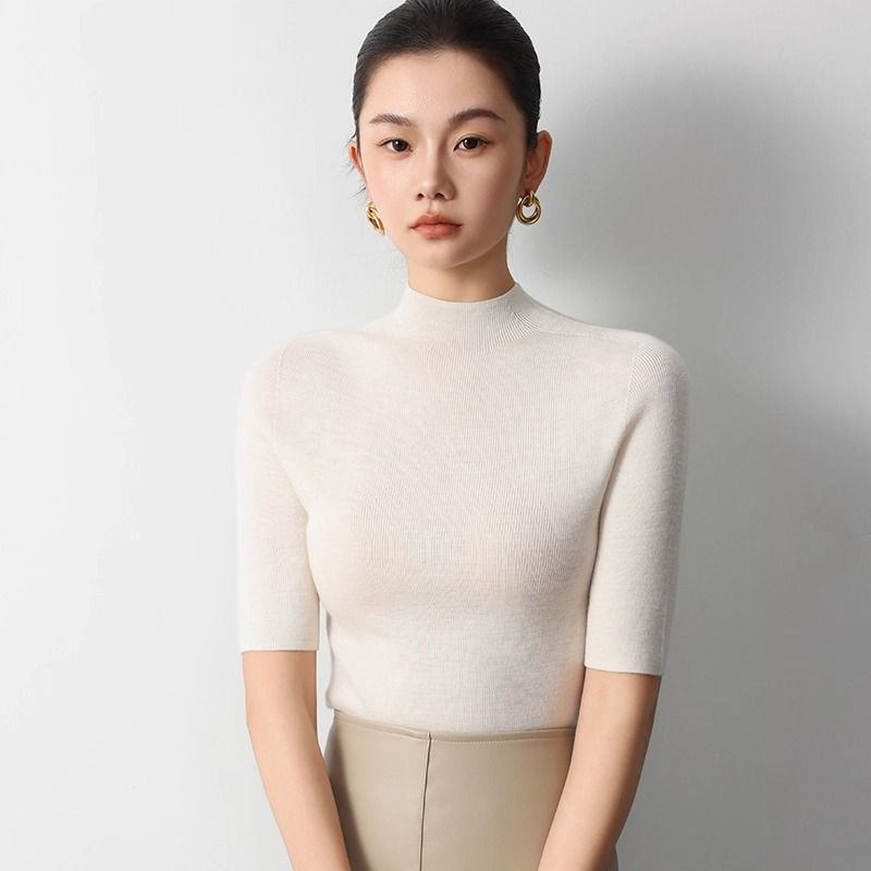 Summer German Yangzi Yarn Island Fine Seamless 100 Half Turtleneck Base Shirt High-End Feel Mid-Sleeve Wool Sweater_voghion.com