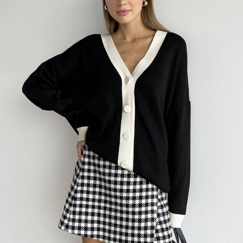 Damenbekleidung, lockerer, verdickter Patchwork-Pullover für Damen, rosafarbener, fauler Stil, kontrastierende Strickjacke_voghion.com