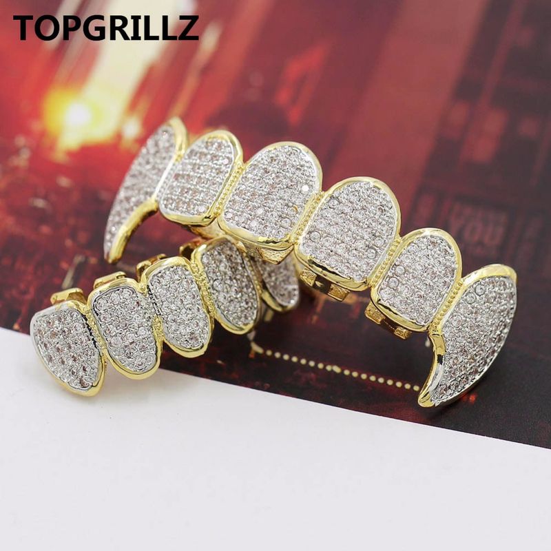 TOPGRILLZ New Fit Silver Plated CZ Micro Pave Top & Bottom GRILL SET Rhodium Teeth Grills Vampire Tooth Grillz_voghion.com