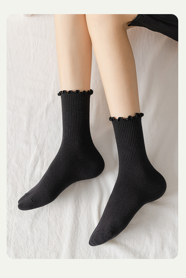 Ruffle Socks for Women 5pair /Lot Mid Crew Middles Tube Ankle High Breathable Black White Calcetines Female Spring_voghion.com