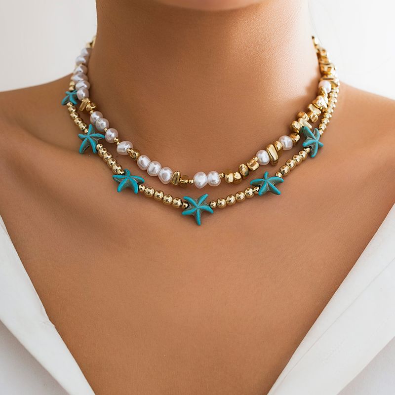 2 stk/sæt Boho Ocean Blue Starfish Star Perlekæde Halskæde til Kvinder Kpop Perle Choker Æstetisk Strand Y2K_voghion.com