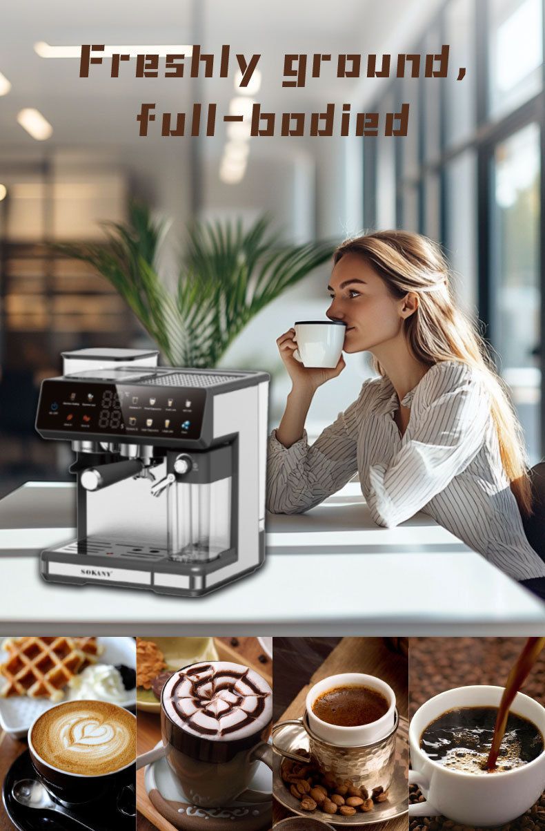 Automatic Espresso Coffee Machine With Built-in Grinder – Steam Pressure Brewing, Compact Design (220V EU Plug, 15-Cup Capacity, Black)_voghion.com