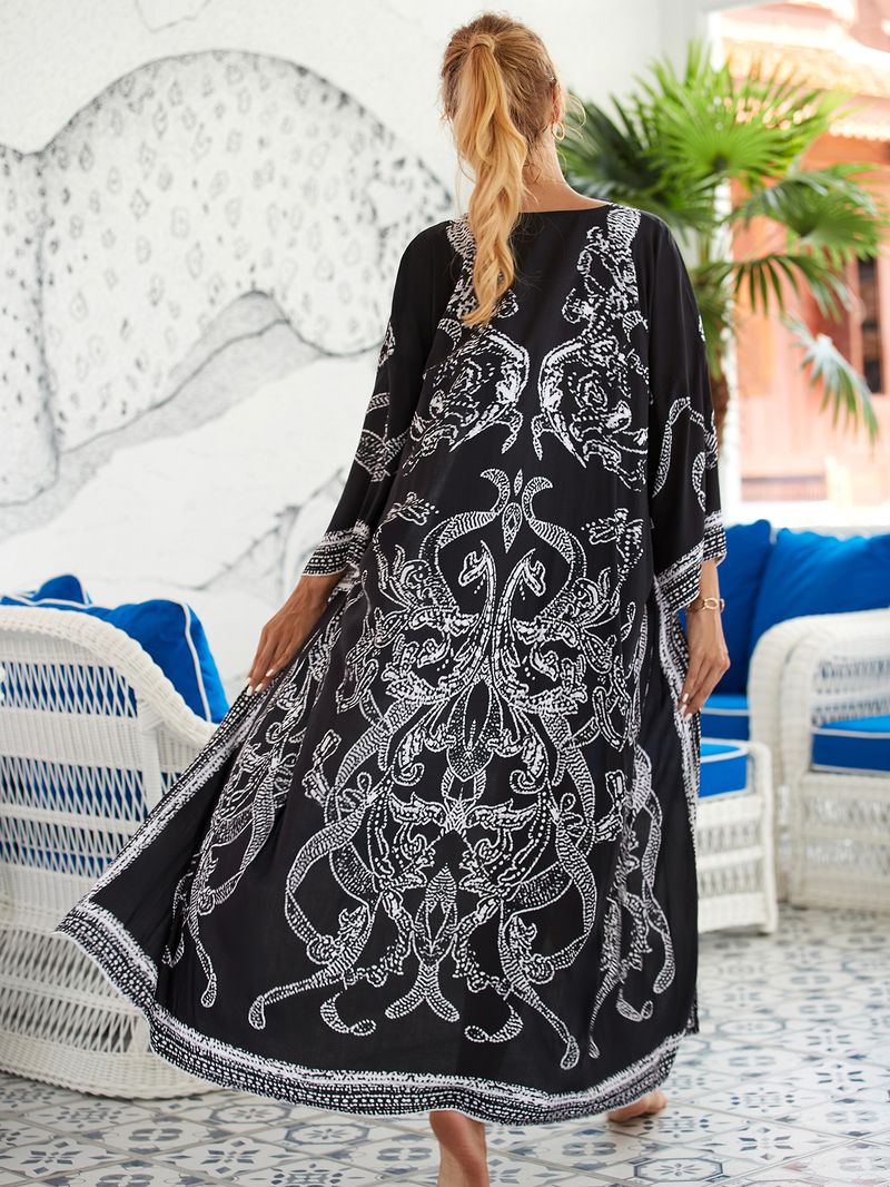 Women's Beach cover-up rayon positioning printed cardigan holiday sun protection shirt _voghion.com