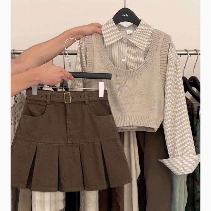 Ragazza Taglie Forti Donna Autunno Outfit 2024 Nuovo Elegante Gilet Dimagrante Camicia Gonna a Vita Alta Set Tre Pezzi Trendy_voghion.com