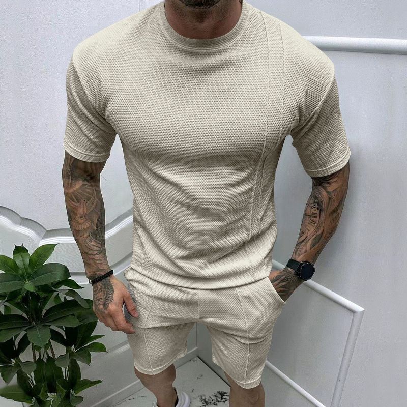 Men's Round Neck Solid Color Pullover T Shirt Shorts Outdoor Leisure Short Sleeved Shorts Suit_voghion.com
