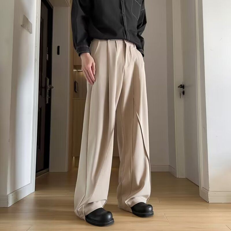 Pantalones de traje de otoño / invierno para hombres, pantalones rectos drapeados relajados de alta calidad para hombres, pantalones cómodos y casuales de pierna ancha._voghion.com