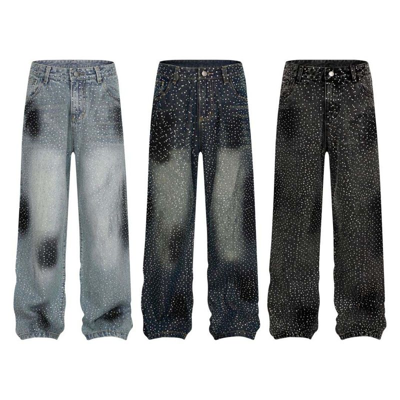 Herrenbekleidung, gewaschene Jeans mit Graffiti-Strass im Used-Look, Unisex-Modemarke, lockere Hose mit weitem Bein und geradem Bein_voghion.com