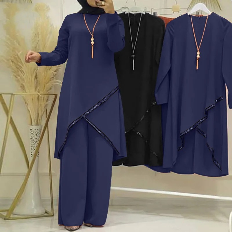 Women's Muslim two-piece long-sleeved O-neck long-sleeved shirt wide-leg pants suit casual solid women's suit_voghion.com