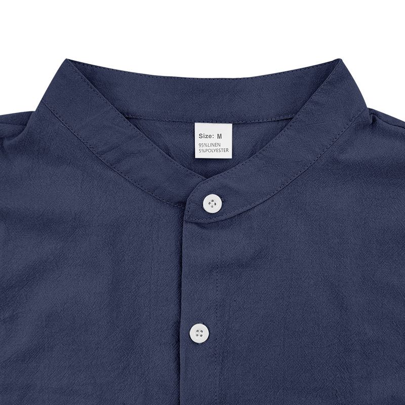Camisa de lino de manga corta para hombre, nueva, de color liso, con cuello alto y bolsillo, holgada, informal_voghion.com