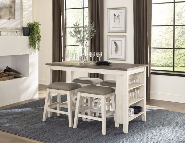 Modern Antique White And Rosy Brown 1pc Counter Height Table With Built-in Shelves Wooden Multifunctional Kitchen Dining Room Furniture_voghion.com