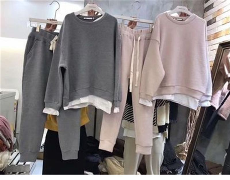 Women's Clothing Fashionable Two-Piece Layered Loose Sweatshirt Set For Women - Trendy Autumn Casual Outfit With Patchwork Design (Grey/Black)_voghion.com
