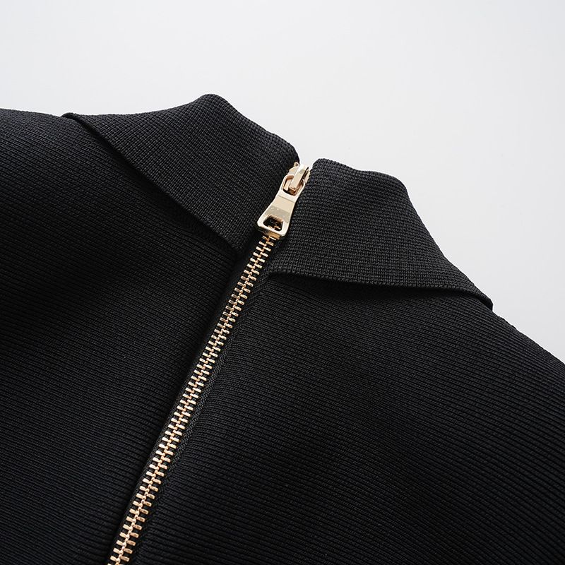 Vêtements pour femmes, mode printemps-été, robe noire coupe ajustée à revers en tricot anti-rayures, coupe trapèze_voghion.com