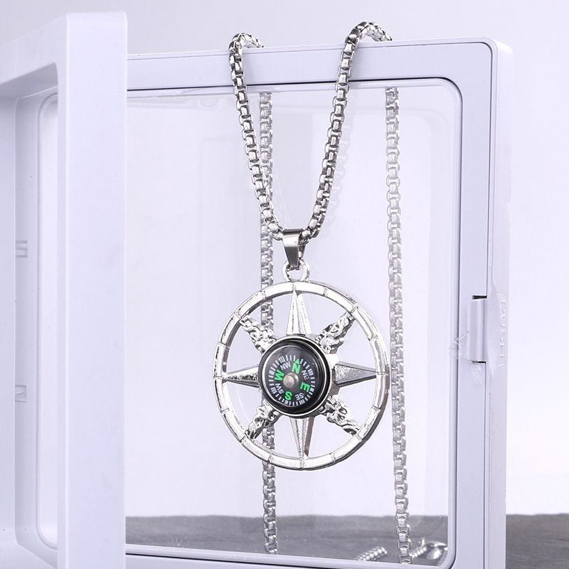 Compass Pendant Titanium Steel Necklace Men Ins Cool Style Hip-hop Personality Long Hoodie Chain Simple Temperament_voghion.com