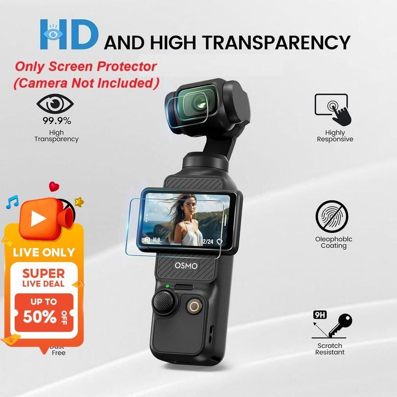 Protector de pantalla para DJI Osmo Pocket 3 Creator Combo, película de vidrio templado HD de dureza 9H, protector de pantalla LCD + protector de lente (paquete de 2)_voghion.com
